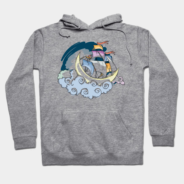 Flying Ship Magic Moon In Clouds